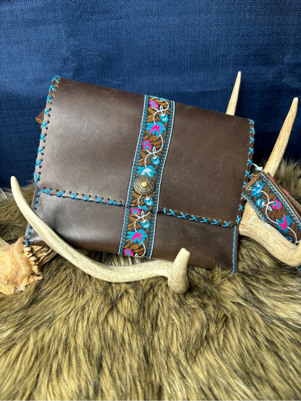 Handmade Brown Leather Crossbody Bag with Turquoise Embroidered Trim